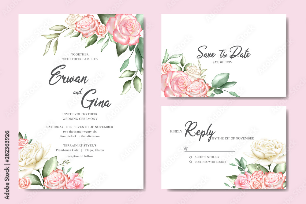 wedding invitation template card design with floral and leaves