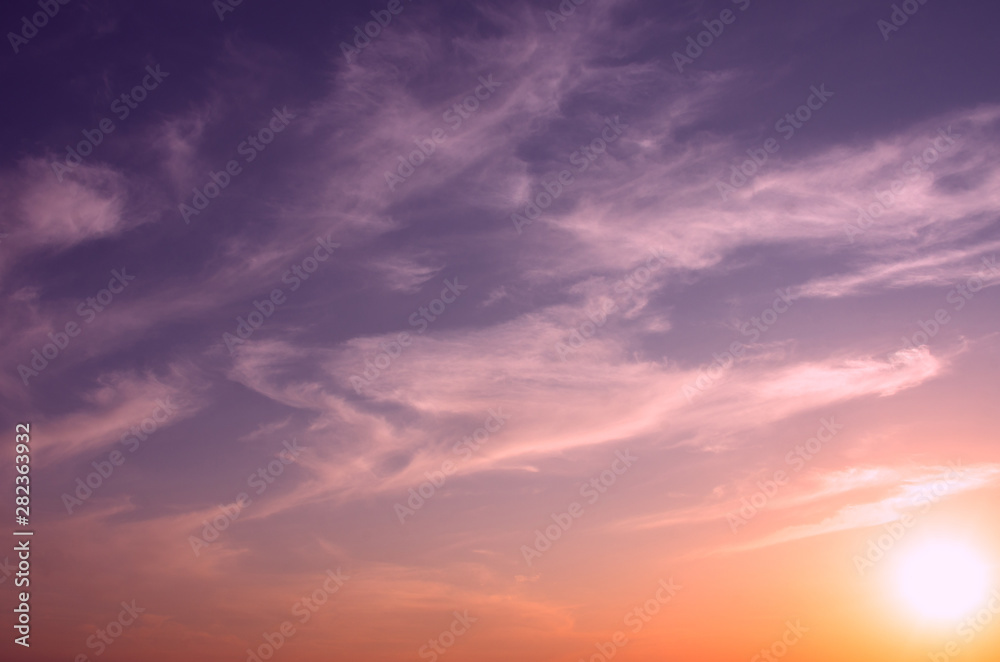 Beautiful sky at sunset, cirrus clouds and bright sun.