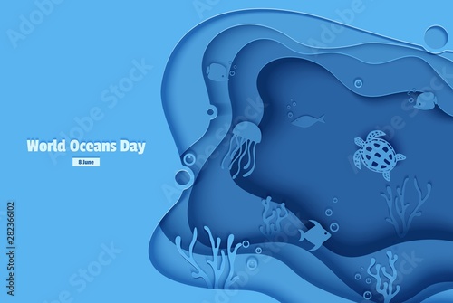 Paper cut butterflyfish, jellyfish, moonfish, turtle. Paper craft underwater ocean cave with fishes, coral reef, seabed in algae, waves. Diving concept, deep blue marine life. Vector sea wildlife.