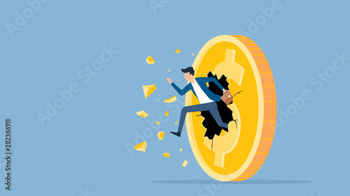 flat vector illustration businessman speed running breakthrough to dollar coin money concept