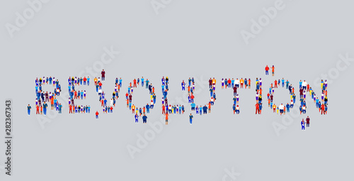 businesspeople crowd gathering in shape of revolution word different business people employees group standing together social media community concept flat horizontal