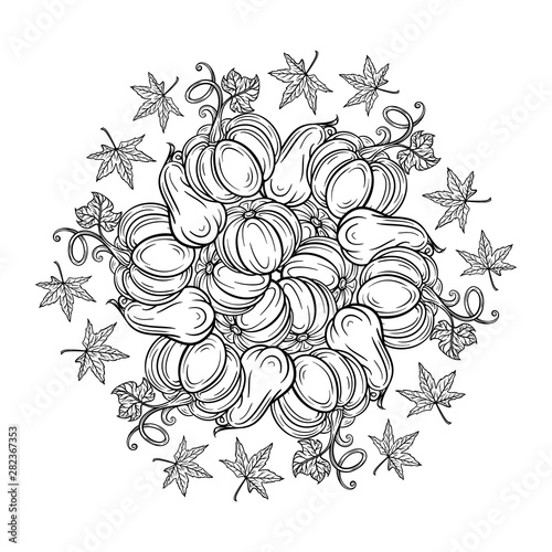 Black and white autumn ornament. Pumpkins and autumn leaves coloring page