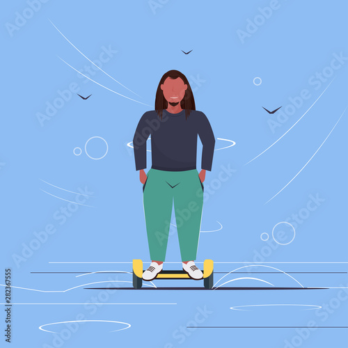 fat obese man riding self balancing scooter african american guy standing on electric gyroscooter personal electrical transport unhealthy lifestyle concept flat full length