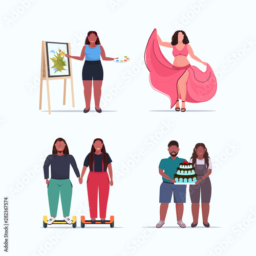 set fat overweight people obese mix race men women standing pose different obesity concepts collection over size female male cartoon characters full length flat