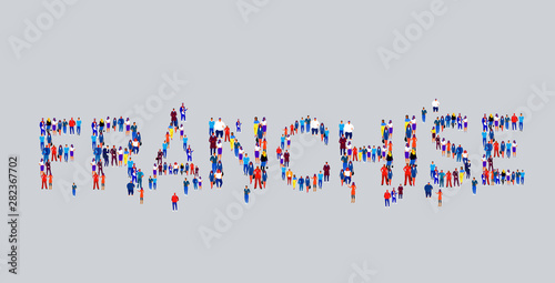 businesspeople crowd gathering in shape of franchise word different business people employees group standing together social media community concept flat horizontal