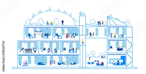 businesspeople working in different departments training conference brainstorming presentation teamwork concept big business center building creative workspace interior sketch doodle horizontal
