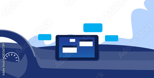 vehicle cockpit with smart driving assistance social network communication chatting messaging concept chat app on automobile computer board screen modern car interior horizontal sketch