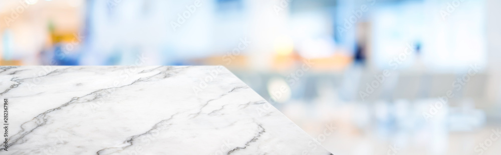 marble table top product display background with blur patient in hospital.left perspective stone kitchen counter with people waiting doctor in hallway.Banner mockup presentation for  health product