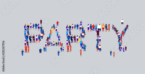 businesspeople crowd gathering in shape of party word different business people employees group standing together social media community concept flat horizontal