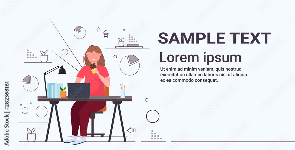 fat obese businesswoman eating chocolate overweight girl sitting at workplace desk with laptop unhealthy nutrition obesity concept flat full length horizontal copy space