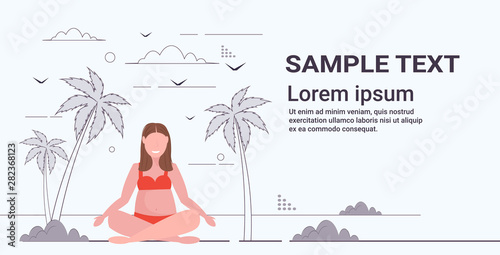 fat overweight woman in swimsuit plus size girl on beach sitting lotus pose summer vacation obesity concept tropical island landscape background full length flat horizontal