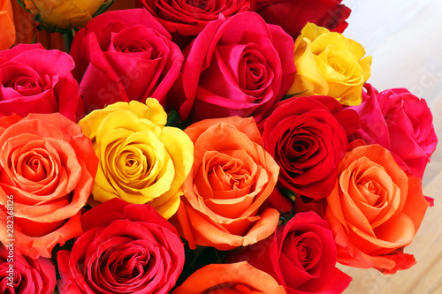 Floral background with red and yellow roses. Bunch of bright colors roses close up.