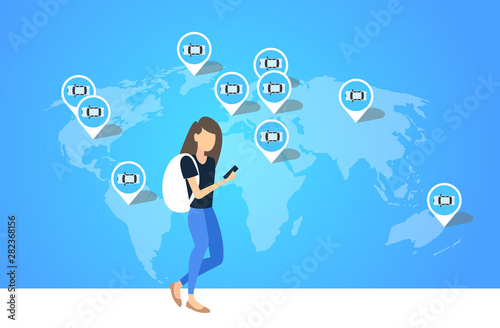 woman using smartphone mobile app girl ordering cab taxi rent car sharing transportation serviceconcept location geo tags on world map flat full length horizontal