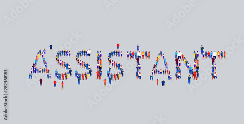businesspeople crowd gathering in shape of assistant word different business people employees group standing together social media community concept sketch horizontal