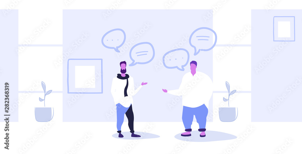 two businessmen discussing new business project during meeting fat and thin colleagues standing together chat bubble communication concept full length sketch horizontal two businessmen discussing new business project during meeting fat and thin colleagues standing together chat bubble communication concept full length sketch horizontal