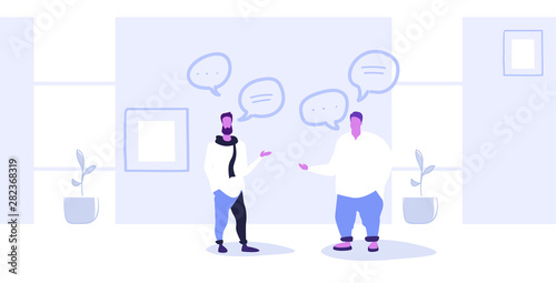 two businessmen discussing new business project during meeting fat and thin colleagues standing together chat bubble communication concept full length sketch horizontal
