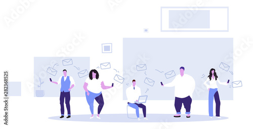people group using mobile smartphones with envelope icons chatting online communication email sending concept sketch full length horizontal