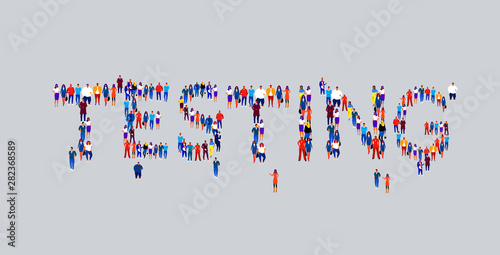 businesspeople crowd gathering in shape of testing word different business people employees group standing together social media community concept flat horizontal