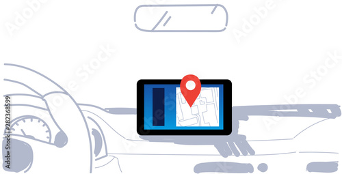 vehicle cockpit with smart driving assistance automobile computer gps navigation system on dashboard screen multimedia concept modern car interior sketch doodle horizontal