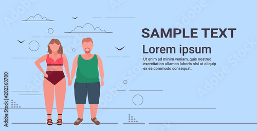 fat overweight woman in swimsuit holding hands with obese man plus size couple standing together unhealthy lifestyle obesity concept full length flat horizontal copy space