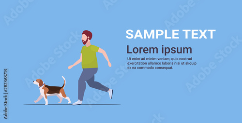 fat obese man running with dog guy training workout weight loss concept flat full length blue background horizontal copy space