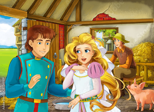 Cartoon scene with princess and prince or king and farmer rancher in the barn pigsty illustration for children