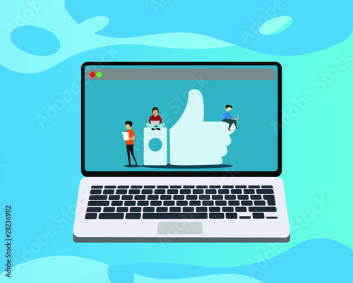 Like symbol  people concept illustration of young people using laptop, tablet  for social networking and blogging. Flat design of guys and businessman near big Like symbol.