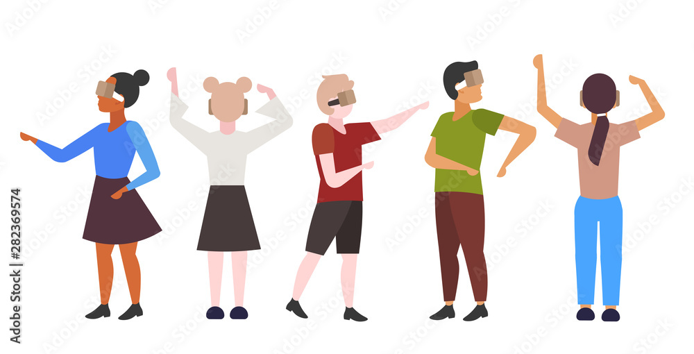 people group wearing modern 3d glasses mix race men women experiencing virtual reality through headset vision vr digital technology concept cartoon characters flat full length horizontal