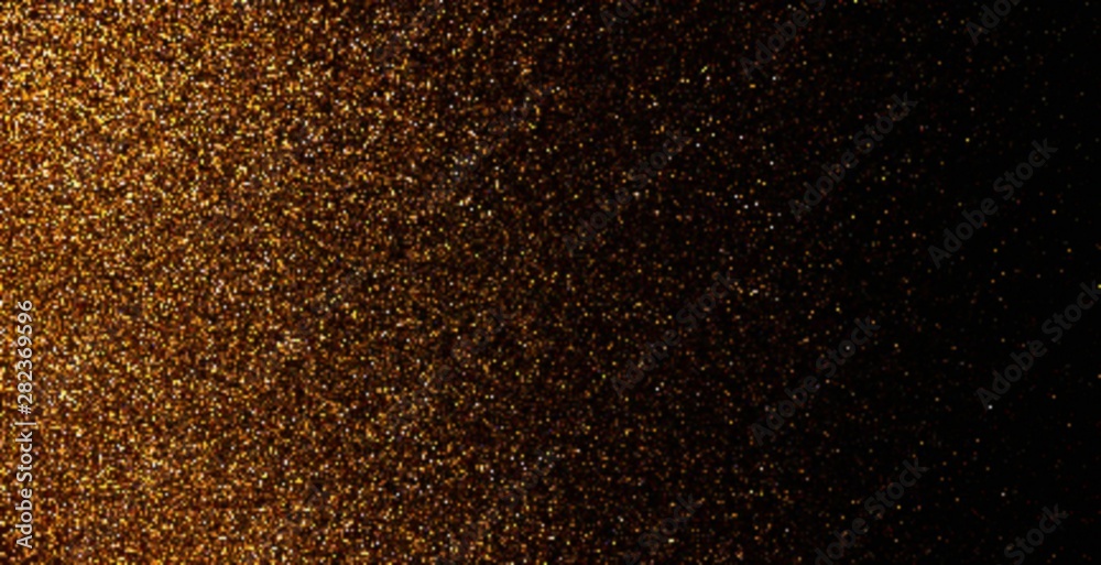 Golden grains on black background. Dust cloud pattern. Blur glitter powder.