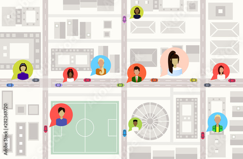 birds eye aerial view or plan of downtown modern city buildings streets and cars on road users profile avatars social network communication concept urban map cityscape top angle view flat horizontal