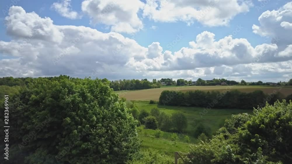 Reveal of fields and trees by a drone flytrough Reveal of fields and trees by a drone flytrough