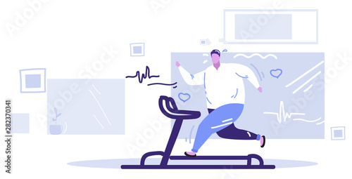 fat obese man running on treadmill oversize fatty guy weight loss cardio training concept overweight male cartoon character full length horizontal sketch