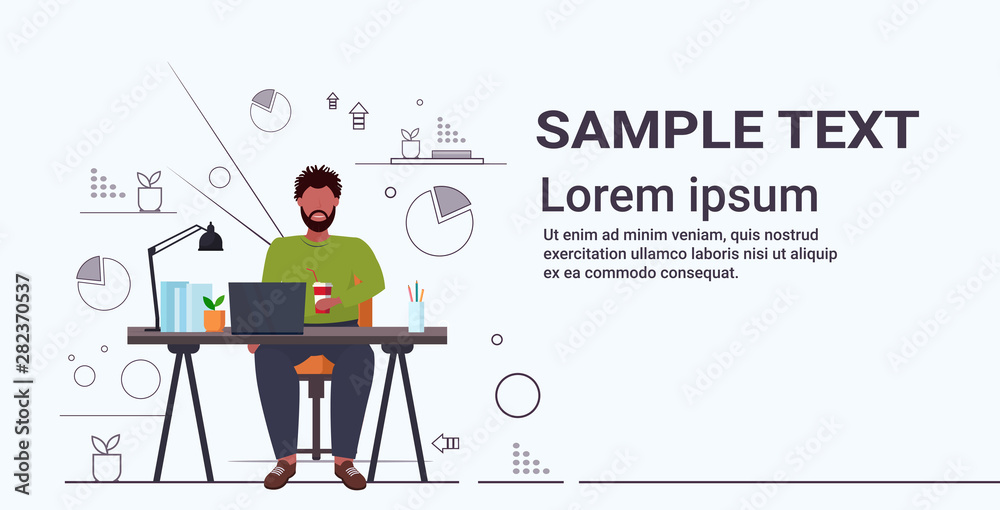 fat obese businessman drinking cola overweight african american guy sitting at workplace desk with laptop unhealthy nutrition obesity concept flat full length horizontal copy space