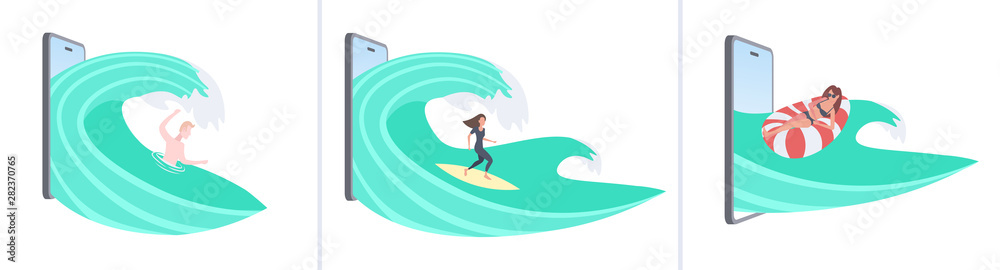set people swimming surfing lying on inflatable ring men women relaxing having fun summer vacation digital technology concept smartphone screen online mobile app full length horizontal set people swimming surfing lying on inflatable ring men women relaxing having fun summer vacation digital technology concept smartphone screen online mobile app full length horizontal