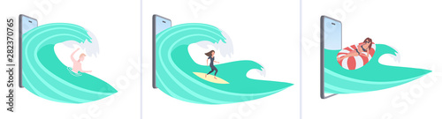 set people swimming surfing lying on inflatable ring men women relaxing having fun summer vacation digital technology concept smartphone screen online mobile app full length horizontal
