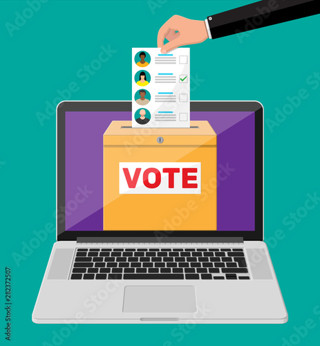 Ballot box, document with candidates on laptop screen. Hand with election bill. Vote paper with faces. Vector illustration in flat style