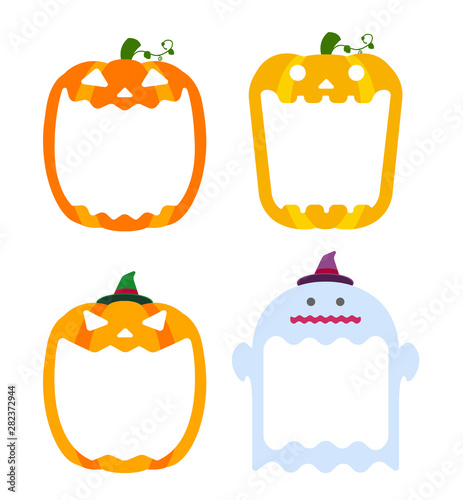 Halloween pumpkin head (jack o lantern) illustration (mouth open) set with ghost illustration / text space