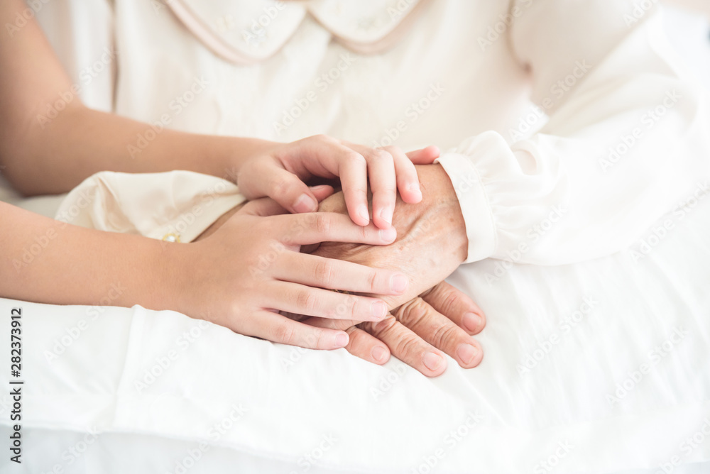 Close up of young girl holding senior hands ,Family care and support concept . Close up of young girl holding senior hands ,Family care and support concept .