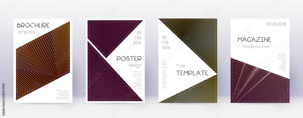 Triangle brochure design template set. Gold abstra