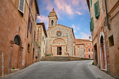 San Quirico d'Orcia, Siena, Tuscany, Italy: the medieval church Collegiata (12th century) photo