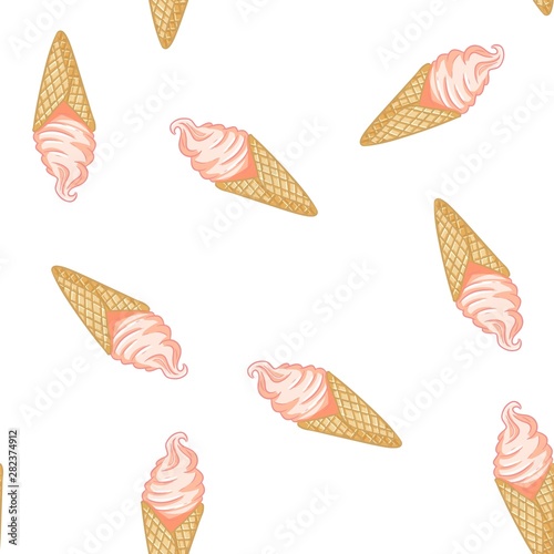 Pink ice cream in waffle cone seamless pattern. Cute cartoon style hand drawn background texture tile