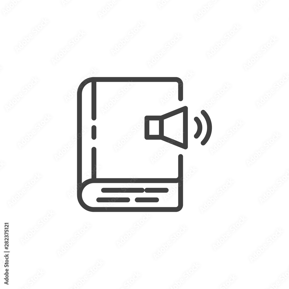 Audio book line icon. linear style sign for mobile concept and web design. Book with a sound volume outline vector icon. Symbol, logo illustration. Vector graphics Audio book line icon. linear style sign for mobile concept and web design. Book with a sound volume outline vector icon. Symbol, logo illustration. Vector graphics