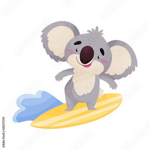 Cartoon koala rides on the surf. Vector illustration on white background.