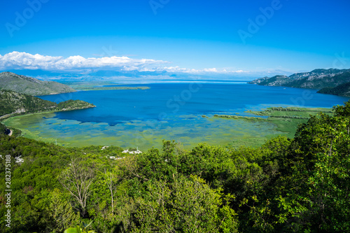 Montenegro, Wide view over water of skadar lake until border to albania from above the tree tops in national park nature landscape with blue sky