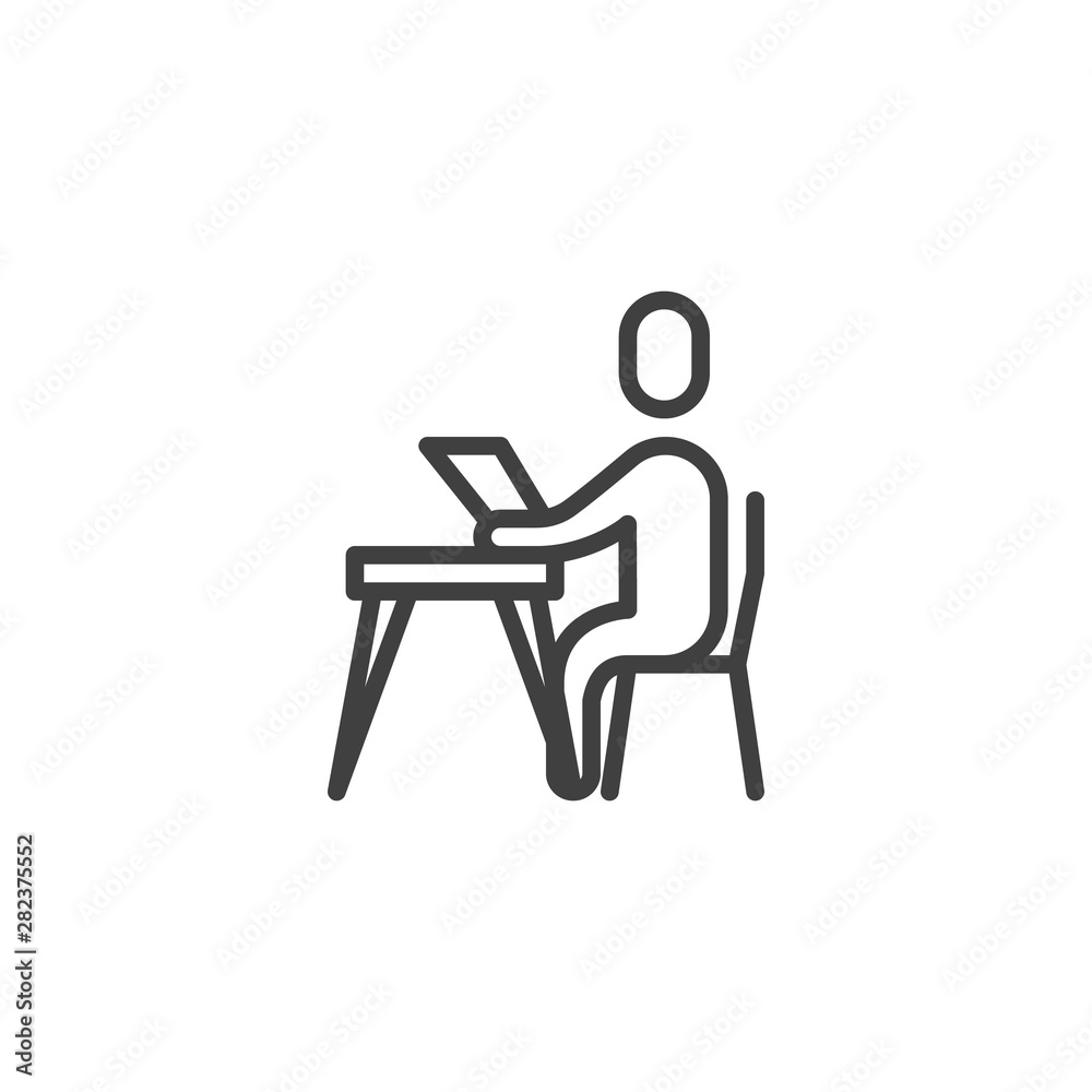 Student sitting at table with book line icon. linear style sign for mobile concept and web design. Reading at library outline vector icon. Symbol, logo illustration. Vector graphics Student sitting at table with book line icon. linear style sign for mobile concept and web design. Reading at library outline vector icon. Symbol, logo illustration. Vector graphics
