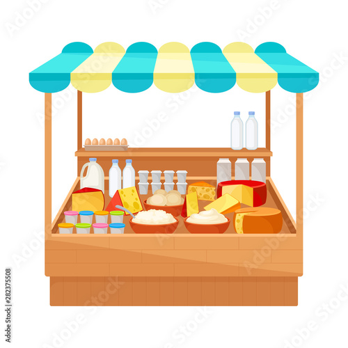 Market tent for the sale of dairy products. Vector illustration on white background.