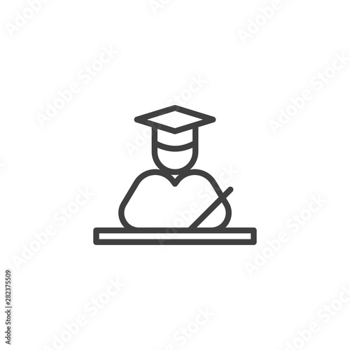 Graduate student writing at the table line icon. linear style sign for mobile concept and web design. Studying student outline vector icon. Learning symbol, logo illustration. Vector graphics