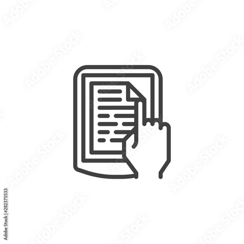 e book reading line icon. linear style sign for mobile concept and web design. Hand with ebook reader device outline vector icon. Symbol, logo illustration. Vector graphics