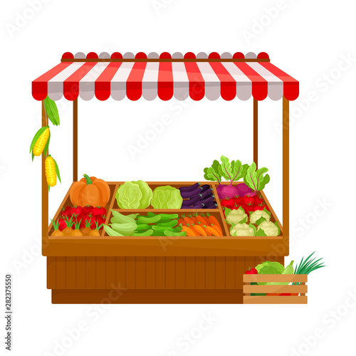 Market tent selling vegetables. Vector illustration on white background.