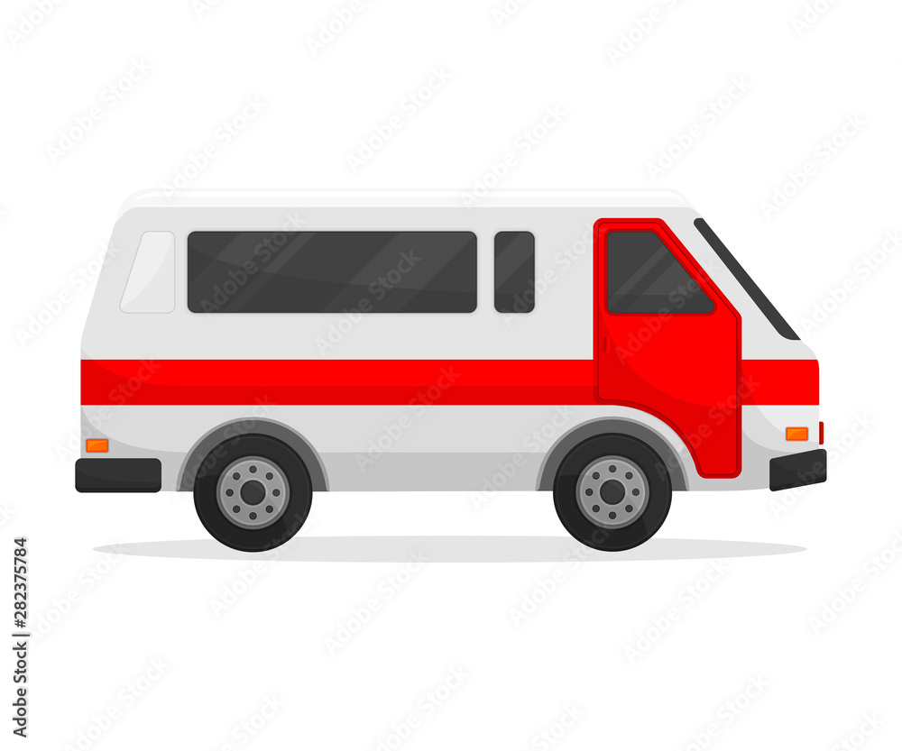 Medical white minibus with a red stripe. Vector illustration on white background.